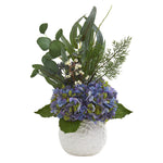Nearly Natural A1328 20" Artificial Green & Purple Hydrangea & Eucalyptus Arrangement in White Vase
