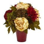 Nearly Natural 14`` Peony, Hydrangea and Dahlia Artificial Arrangement in Burgundy Vase