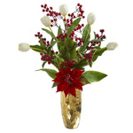 Nearly Natural 1993 28" Artificial Green & Red White Tulip, Poinsettia & Berry Arrangement in Golden Vase