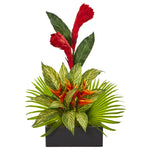 Nearly Natural 1962 28" Artificial Green & Red Tropical Arrangement in Black Vase