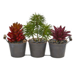 Nearly Natural 8598 9" Artificial Green & Maroon Mixed Succulent Plant in Triple Potted Planter