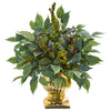 Nearly Natural 8834 15" Artificial Green Royal Ficus & Fittonia Plant in Gold Urn