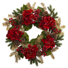 Nearly Natural 4552 24" Artificial Green & Red Hydrangea Pine Wreath