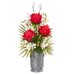 Nearly Natural 8766 43" Artificial White & Red Cymbidium Orchid, Succulent & Mixed Flower Plant