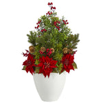 Nearly Natural 32`` Poinsettia, Boxwood and Succulent Artificial Arrangement in White Vase