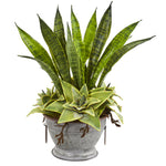 Nearly Natural 8735 19" Artificial Green Sansevieria & Succulent Plant in Metal Bowl