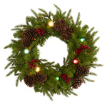 Nearly Natural 24`` Christmas Artificial Wreath with 50 Multicolored Lights, 7 Multicolored Globe Bulbs, Berries and Pine Cones