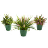 Nearly Natural 8200-S3 11" Artificial Green Eucalyptus, Grass & Sedum Plant in Green Planter, Set of 3