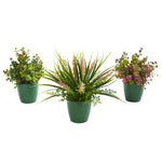 Nearly Natural 8200-S3 11" Artificial Green Eucalyptus, Grass & Sedum Plant in Green Planter, Set of 3