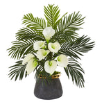 Nearly Natural Calla Lilly and Areca Palm Artificial Arrangement in Stoneware Vase