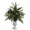 Nearly Natural 6783 32" Artificial Green & White Mixed Greens & Spathyfillum with Decorative Urn