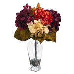 Nearly Natural 1788 16" Artificial Autumn Hydrangea Berry Arrangement in Glass Vase, Multicolor