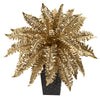 Nearly Natural P1098 16" Artificial Golden Boston Fern Plant in Embossed Black Planter