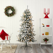 Nearly Natural 6` Flocked Livingston Fir Artificial Christmas Tree with Pine Cones and 300 Clear Warm LED Lights
