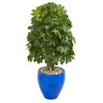 Nearly Natural 6498 3.5' Artificial Green Real Touch Schefflera Plant in Blue Oval Ceramic Pot