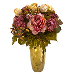 Nearly Natural 19``Peony Artificial Arrangement in Gold Vase