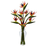 Nearly Natural 1449 19" Artificial Green & Orange Birds of Paradise in Glass Vase