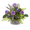 Nearly Natural 1819 14" Artificial Green & Purple Rose & Lavender Arrangement in Designer Vase