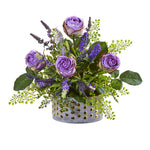 Nearly Natural 1819 14" Artificial Green & Purple Rose & Lavender Arrangement in Designer Vase