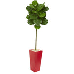 Nearly Natural 9214 5.5' Artificial Green Fiddle Leaf Tree in Red Tower Planter