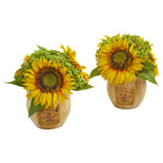 Nearly Natural 1826-S2 10" Artificial Yellow Sunflower Arrangement in Decorative Planter, Set of 2