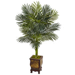 Nearly Natural 5989 4.5' Artificial Green Golden Cane Palm Tree in Wooden Decorated Planter