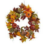 Nearly Natural 4163 24" Pumpkin, Gourd, Berry & Maple Leaf Wreath