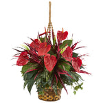Nearly Natural 6418 24" Artificial Green & Red Mixed Anthurium Plant in Hanging Basket 