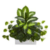 Nearly Natural 8262 21" Artificial Green Golden Dieffenbachia & Pothos Plant in White Planter