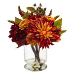 Nearly Natural 4132 12" Artificial Dahlia & Mum Arrangement with Glass Vase, Multicolor
