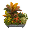 Nearly Natural P1027 16" Artificial Croton, Kalanchoe & Cactus Plant in in Metal Tray, Multicolor
