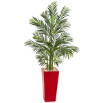 Nearly Natural 5625 5' Artificial Green Areca Palm Tree in Red Planter, UV Resistant (Indoor/Outdoor)