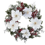 Nearly Natural 4186 22" Artificial Green & White Snowed Magnolia & Berry Wreath
