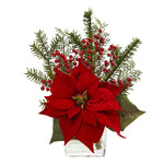 Nearly Natural 4189 Poinsettia, Pine & Berries Artificial Arrangement in Vase 