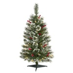 Nearly Natural 3` Frosted Swiss Pine Artificial Christmas Tree with 50 Clear LED Lights and Berries