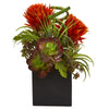 Nearly Natural Tropical Flower & Succulent Artificial Arrangement in Black Vase
