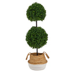 Nearly Natural T2947 3.5` Boxwood Artificial Topiary Tree in Cotton & Jute White Planters