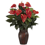 Nearly Natural 6666 30" Artificial Green & Red Anthurium Silk Plant with Metal Vase 