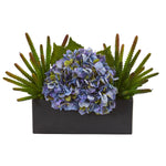 Nearly Natural A1291 16" Artificial Green & Purple Hydrangea & Succulent Arrangement in Matte Black Vase