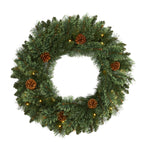 Nearly Natural 24`` White Mountain Pine Artificial Christmas Wreath with 35 LED Lights and Pinecones