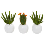 Nearly Natural 8635-S3 8" Artificial Green Cactus Succulent Plant in White Planter, Set of 3