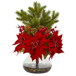 Nearly Natural A1062 17" Artificial Red Poinsettia, Berry & Pine Arrangement in Vase