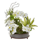 Nearly Natural A1083 21" Artificial Green & White Phalaenopsis Orchid, Succulent & Fern Arrangement in Metal Tray