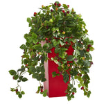 Nearly Natural 6474 30" Artificial Green Rasberry Plant in Red Tower Planter