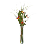 Nearly Natural 1601 44" Artificial Green Bird of Paradise & Greens Arrangement in Glass Vase