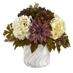 Nearly Natural 15``Peony, Hydrangea and Dahlia Artificial Arrangement in Marble Finished Vase