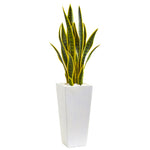 Nearly Natural 9076 3' Artificial Green Sansevieria Plant in White Planter
