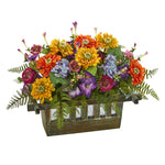 Nearly Natural 1551 Mixed Floral Artificial Arrangement in Rectangular Wooden Plant Pot, Multicolor