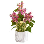 Nearly Natural A1252 18" Artificial Green & Pink Lilac & Cactus Arrangement in Marble Vase