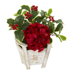 Nearly Natural A1104 12" Artificial Red & Green Hydrangea & Holly Leaf Arrangement in Chair Planter